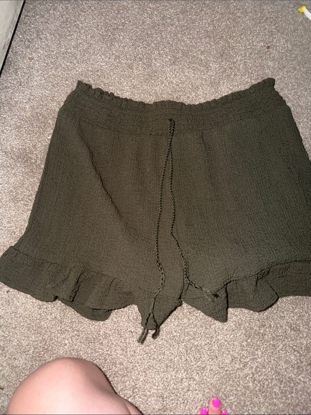 High-Waist Olive Green Ruffle Hem Drawstring Shorts
